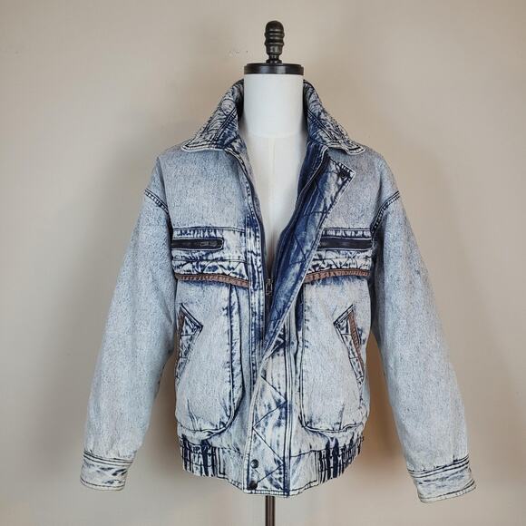 Vintage North Bay Bomber Jacket Mens Large Blue Acid Wash Denim Zip 90s 80s - Picture 1 of 14